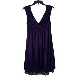 Lux Satin Purple Dress with Black Lace Detail Elegant Ruching Shoulders Size M